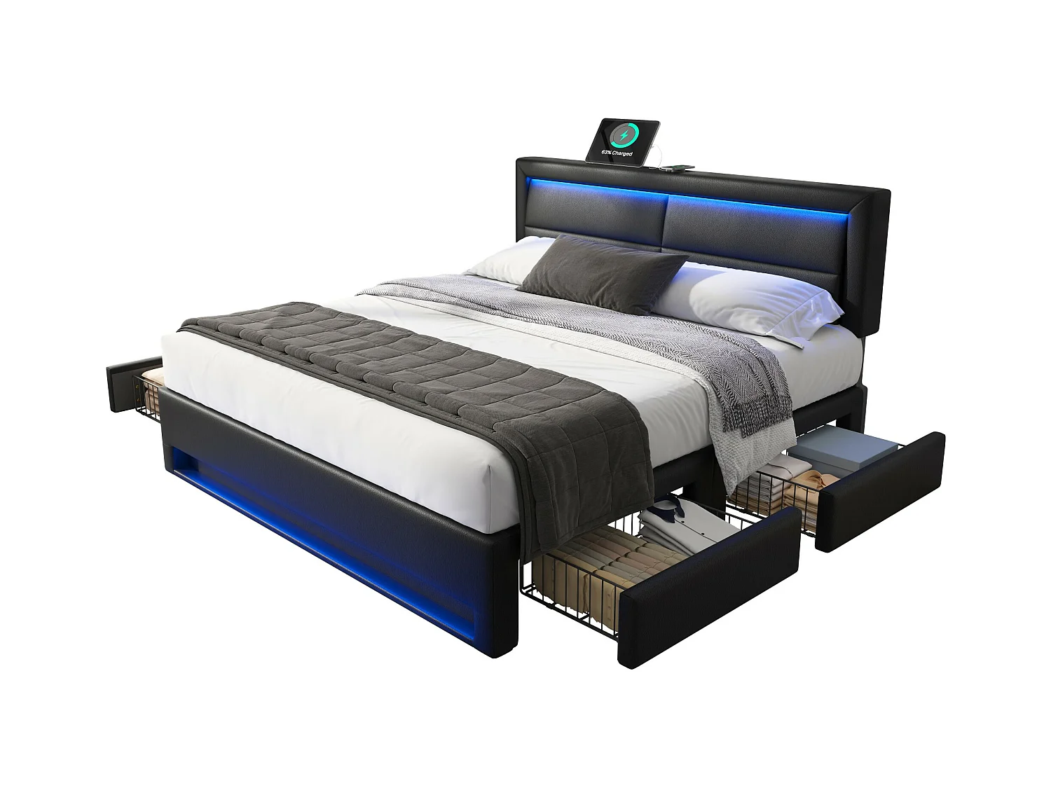 Design tweepersoonsbed 140x190 cm - draadloos USB opladen & LED - 4 lades - zwart (zonder matras)