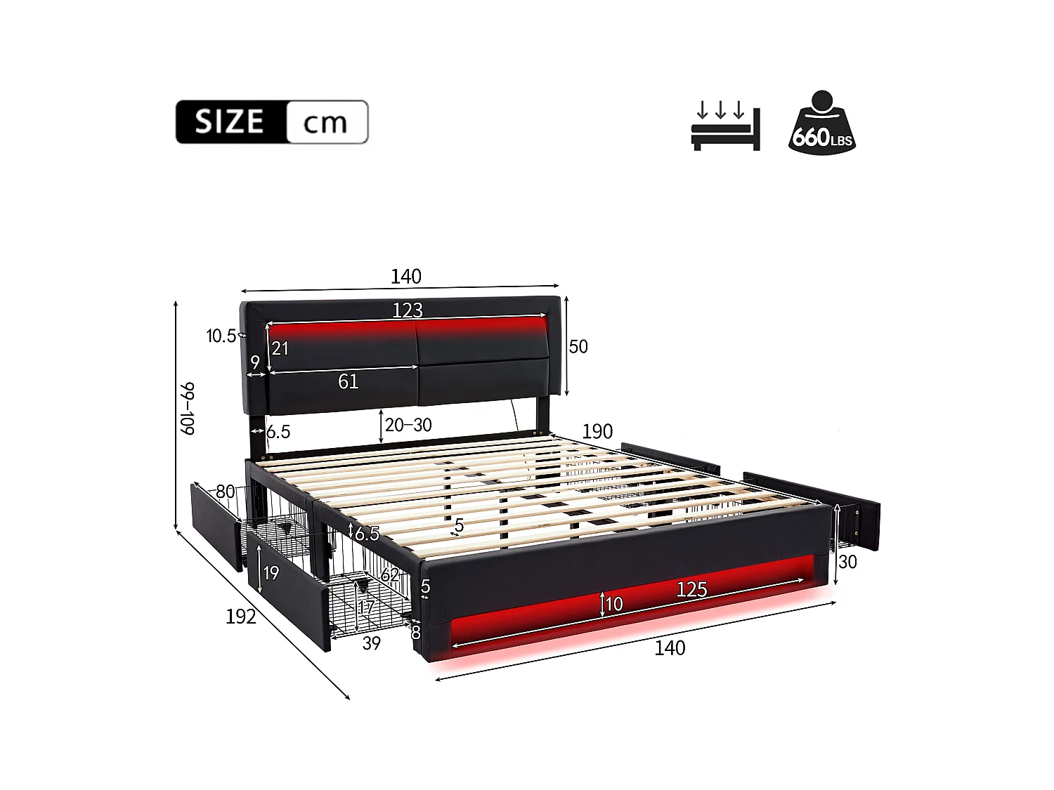 Design tweepersoonsbed 140x190 cm - draadloos USB opladen & LED - 4 lades - zwart (zonder matras)