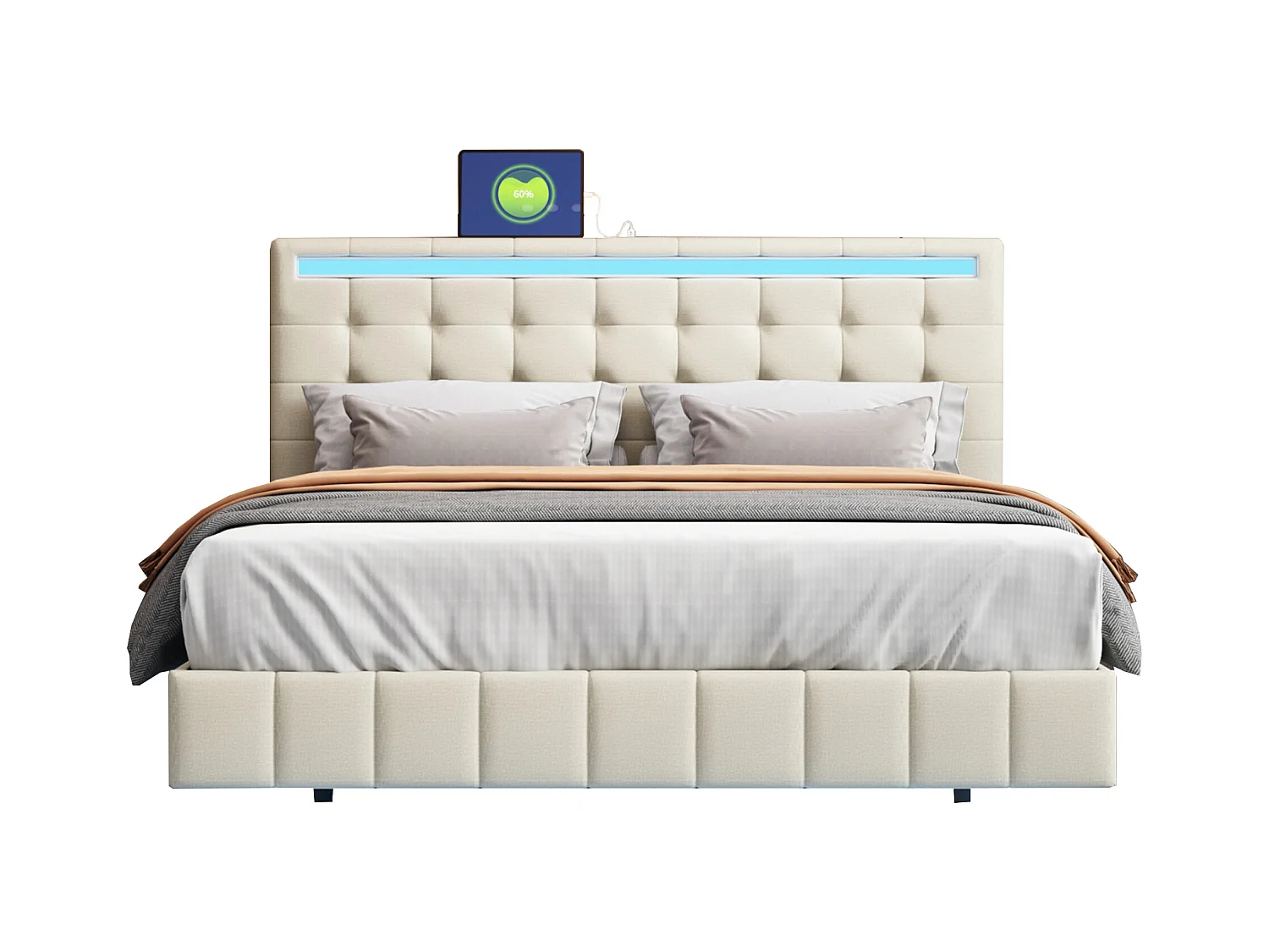 Lit adulte 140x200 effet flottant - LED intégrée - Lin beige - sans matelas