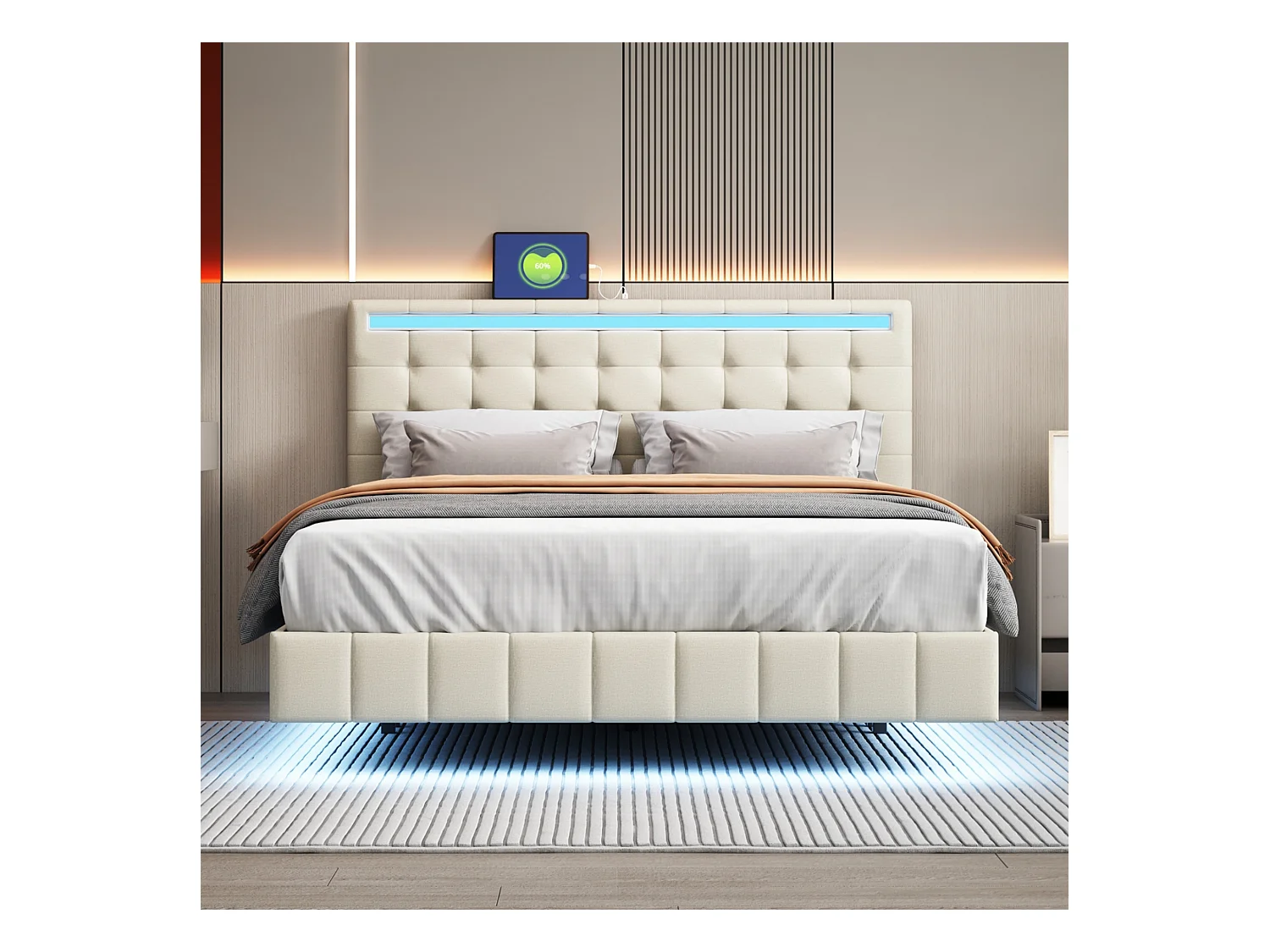 Design bed 140x200 zwevende look - geïntegreerde LED - Beige linnen - zonder matras