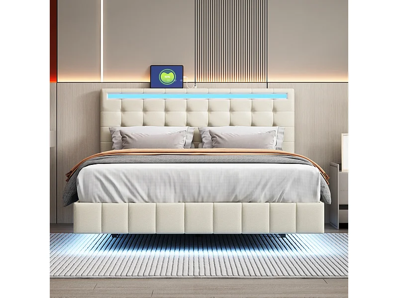 Letto design 140x200 effetto flottante - LED integrata - Lino beige - senza materasso