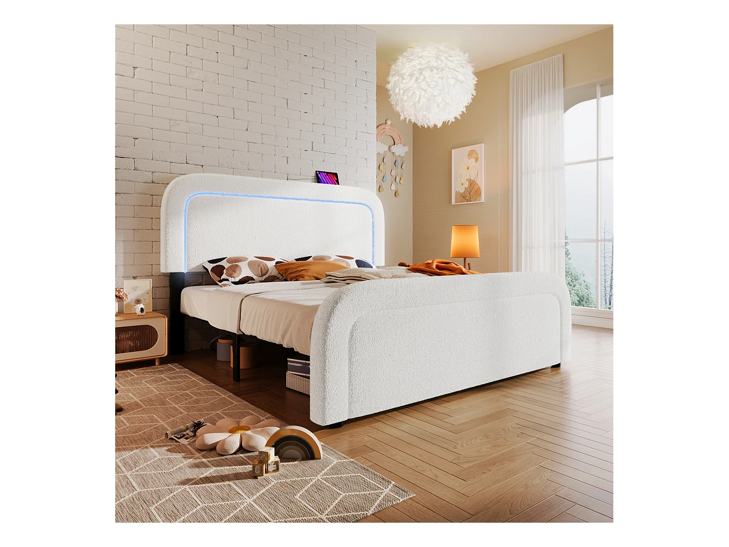 Lit adulte 160x200 cm - Tête de lit réglable avec LED et charge USB-C - Tissu Sherpa blanc (sans matelas)