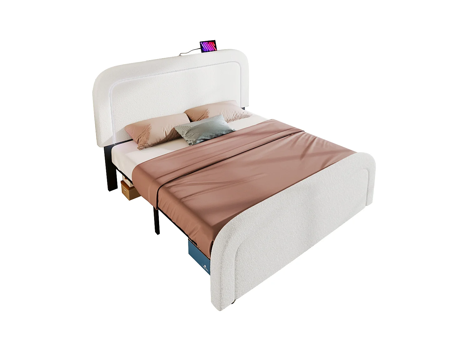 Lit adulte 160x200 cm - Tête de lit réglable avec LED et charge USB-C - Tissu Sherpa blanc (sans matelas)