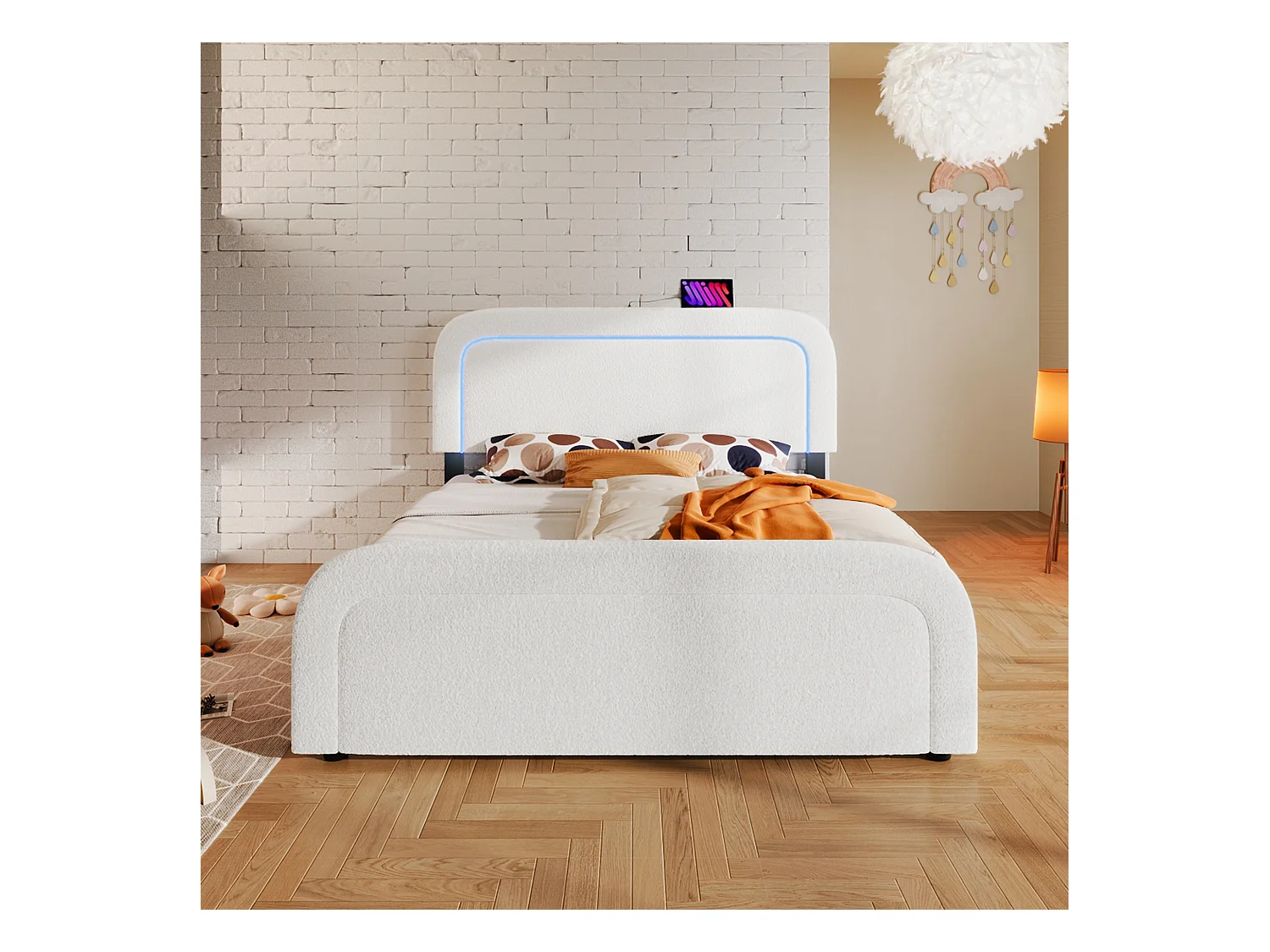 Lit adulte 160x200 cm - Tête de lit réglable avec LED et charge USB-C - Tissu Sherpa blanc (sans matelas)