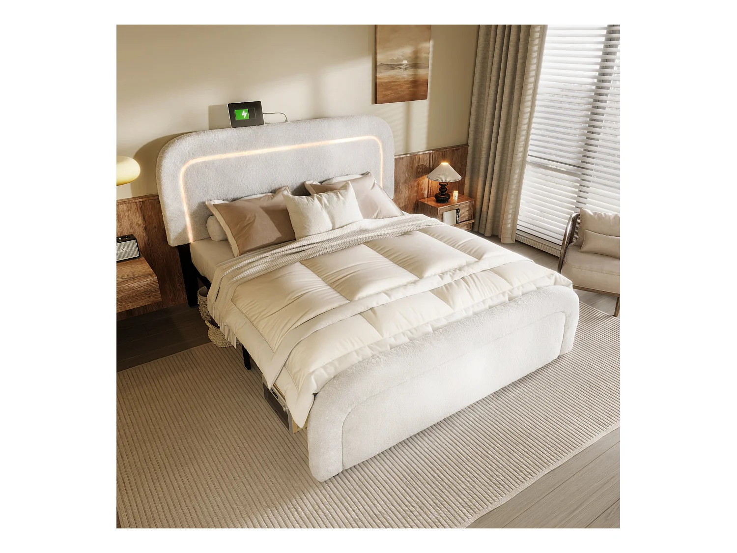 Lit adulte 160x200 cm - Tête de lit réglable avec LED et charge USB-C - Tissu Sherpa blanc (sans matelas)