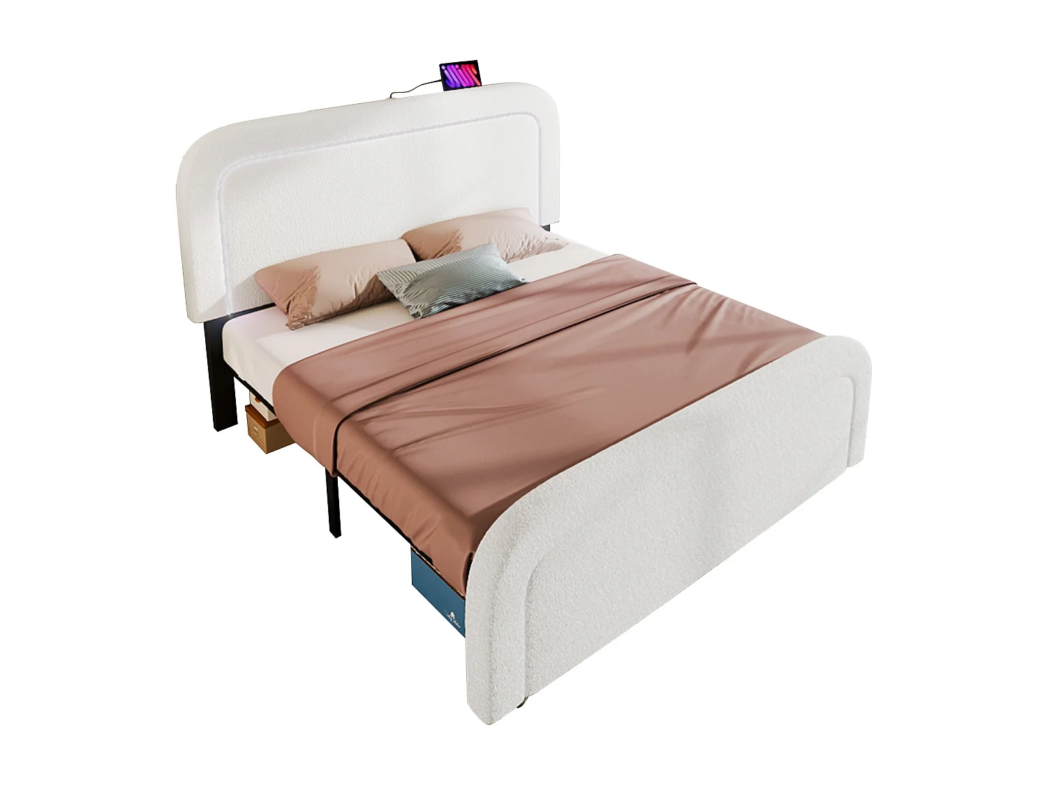 Lit adulte 160x200 cm - Tête de lit réglable avec LED et charge USB-C - Tissu Sherpa blanc (sans matelas)