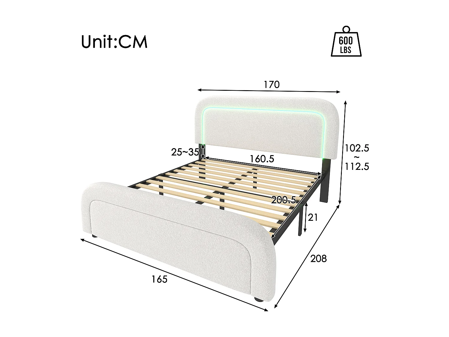 Lit adulte 160x200 cm - Tête de lit réglable avec LED et charge USB-C - Tissu Sherpa blanc (sans matelas)