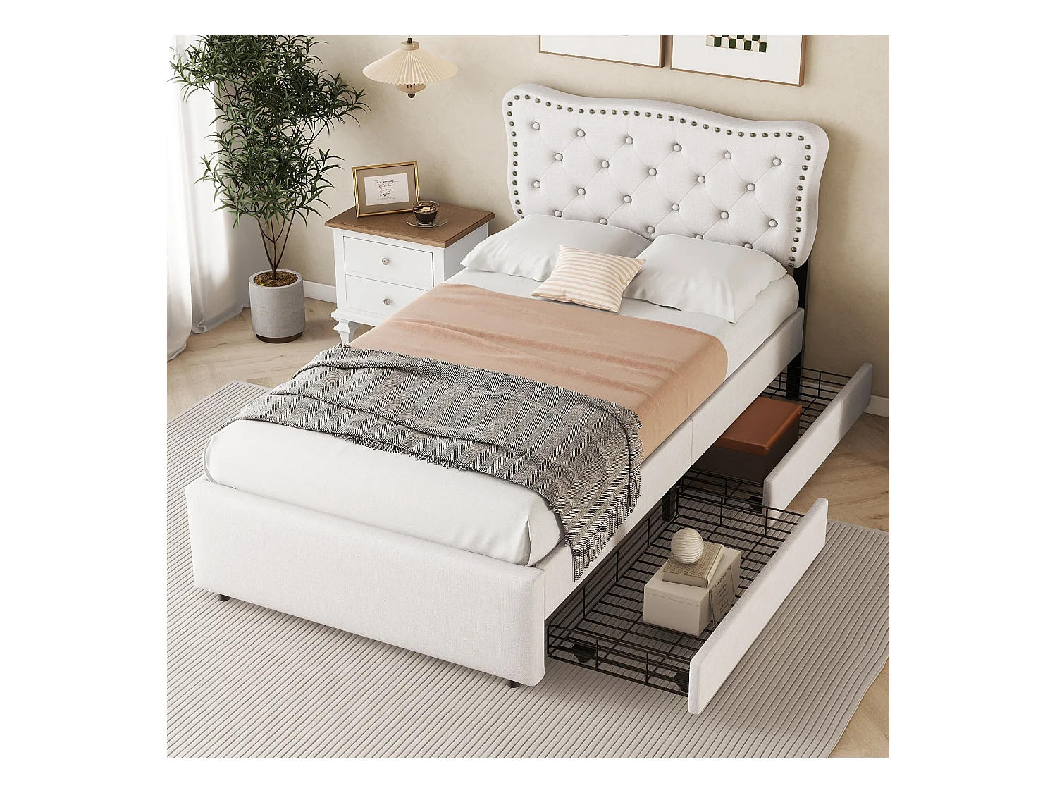 lit adulte 90x200cm, en lin beige clair, avec 2 tiroirs de rangement, tête de lit Capitonné, sans matelas