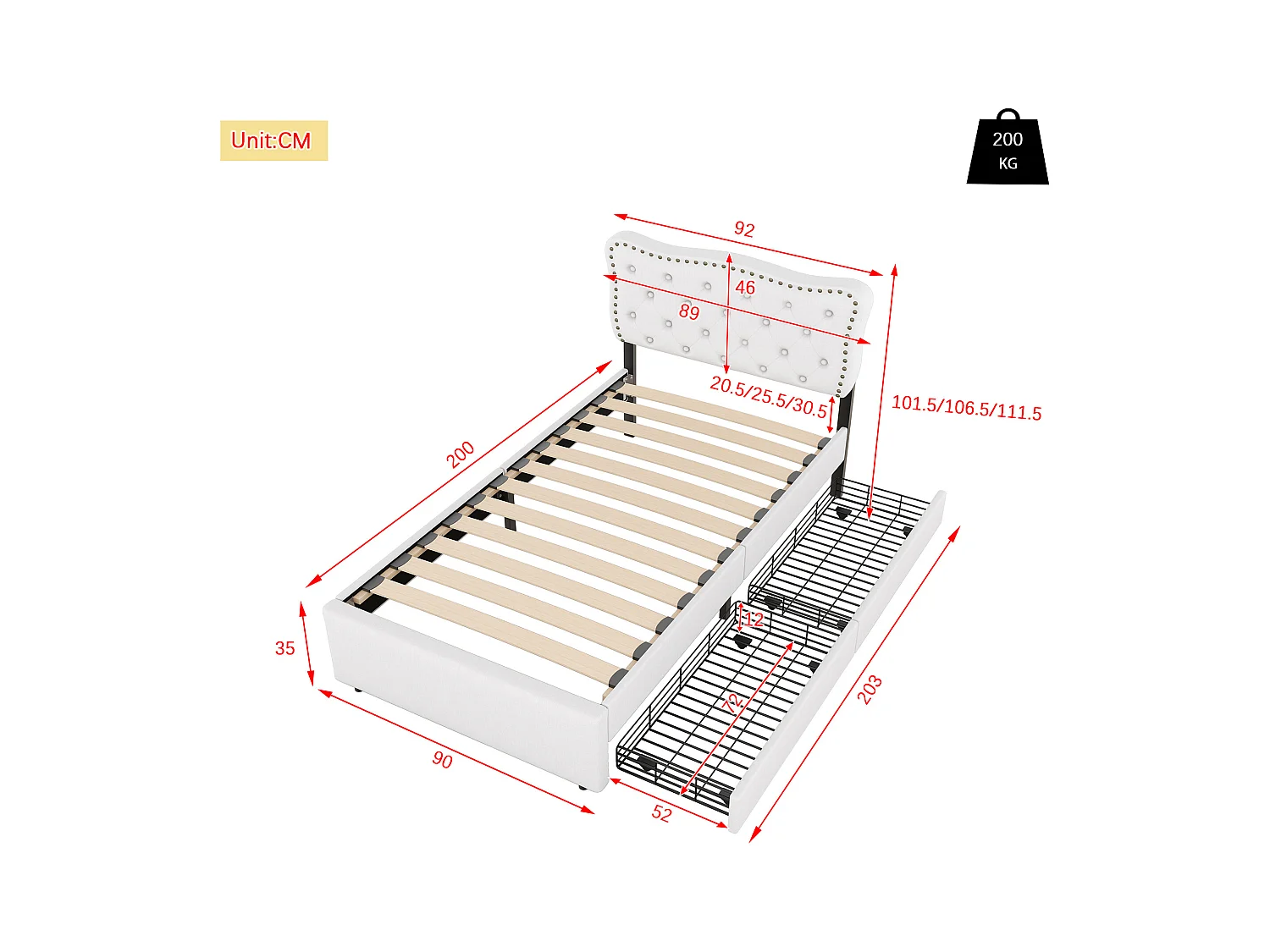 lit adulte 90x200cm, en lin beige clair, avec 2 tiroirs de rangement, tête de lit Capitonné, sans matelas