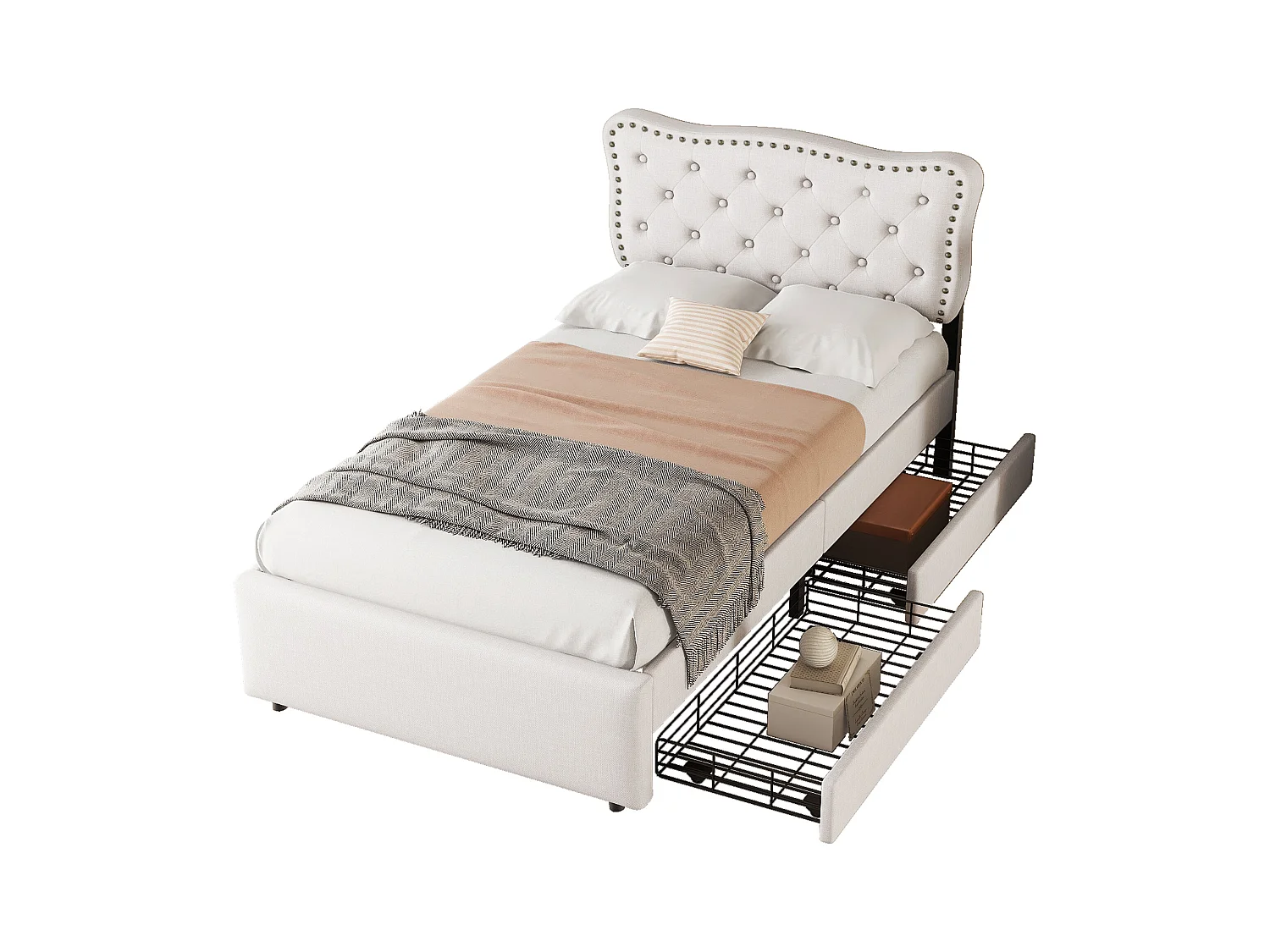 lit adulte 90x200cm, en lin beige clair, avec 2 tiroirs de rangement, tête de lit Capitonné, sans matelas