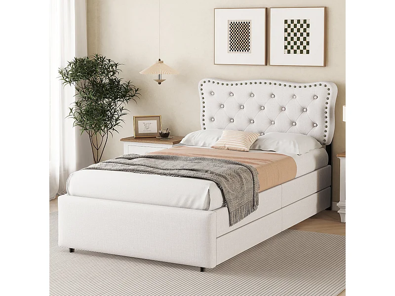 Cama solteiro adulto 90x200 cm em linho bege claro, com 2 gavetas, cabeceira capitonê, sem colchão