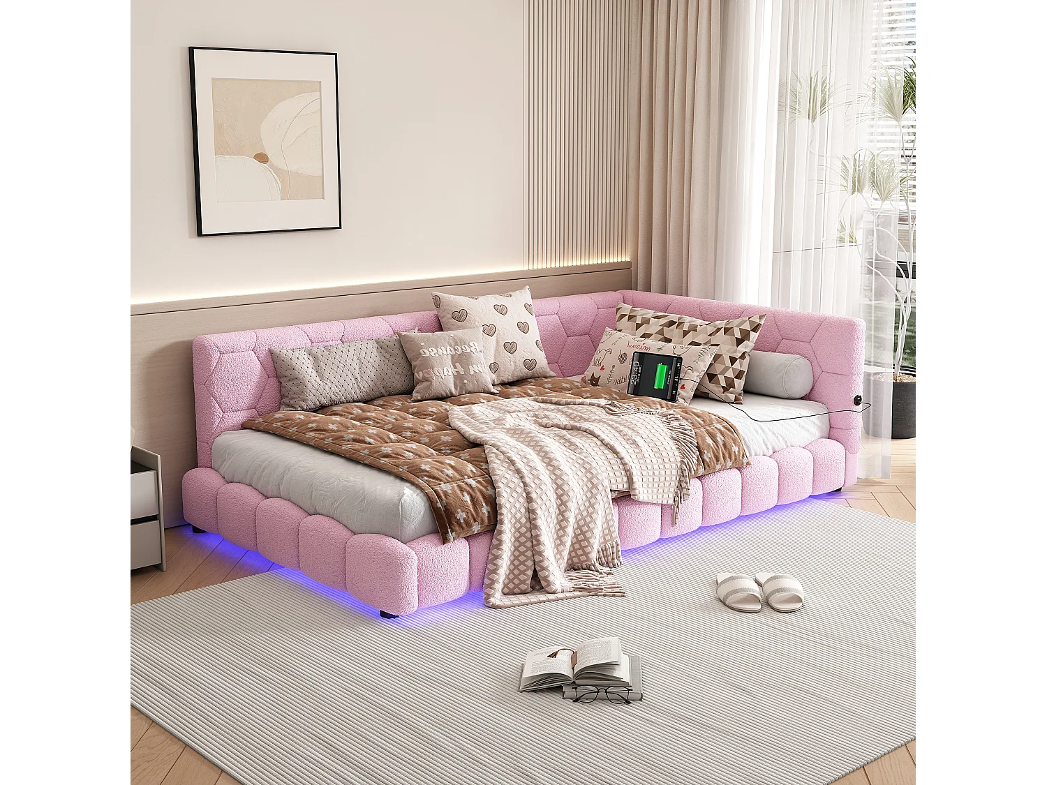 Lit convertible design 90x200 cm - avec LED réglables et USB/Type-C - Fonction jour/nuit (sans matelas)