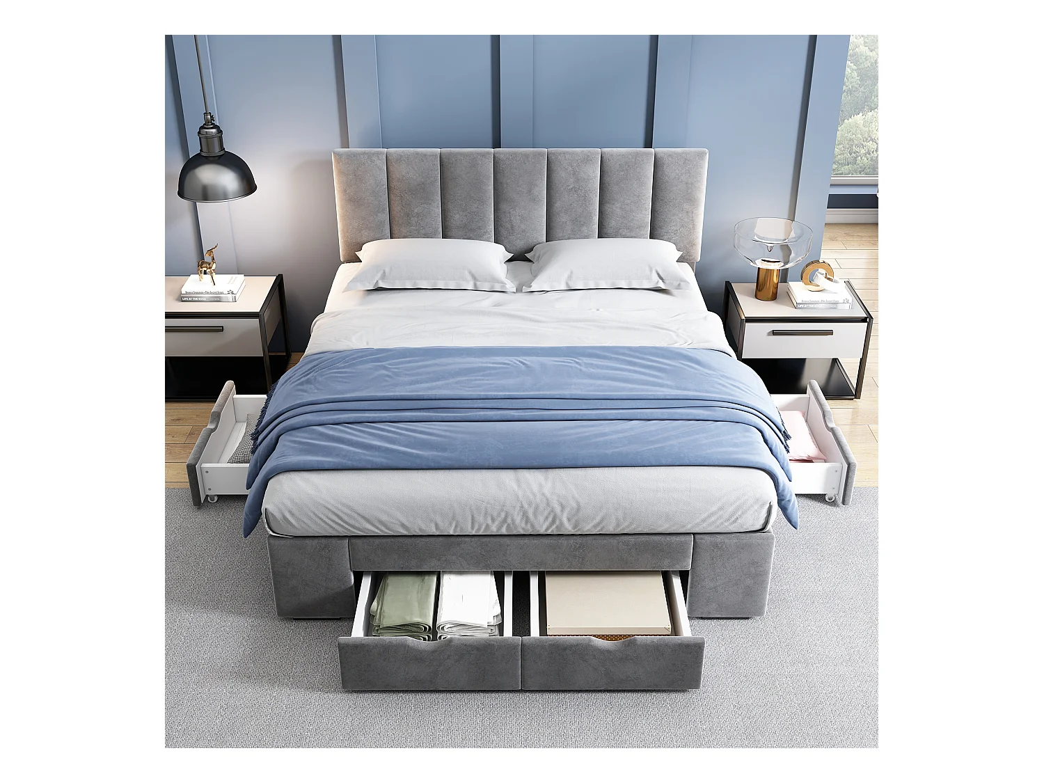 Cama elegante 140x200 em veludo cinza - arrumação inteligente (4 gavetas) - estrado incluído (sem colchão)