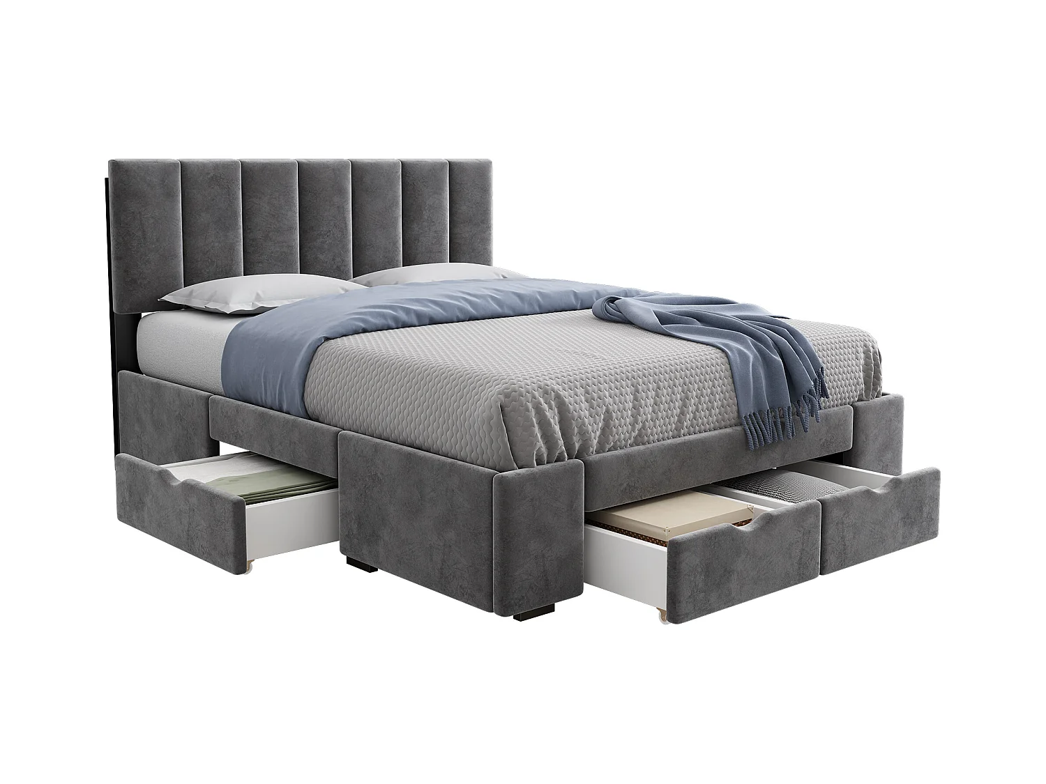 Lit élégant 140x200 en velours gris - Rangement intelligent (4 tiroirs) -sommier à lattes inclus(sans matelas)