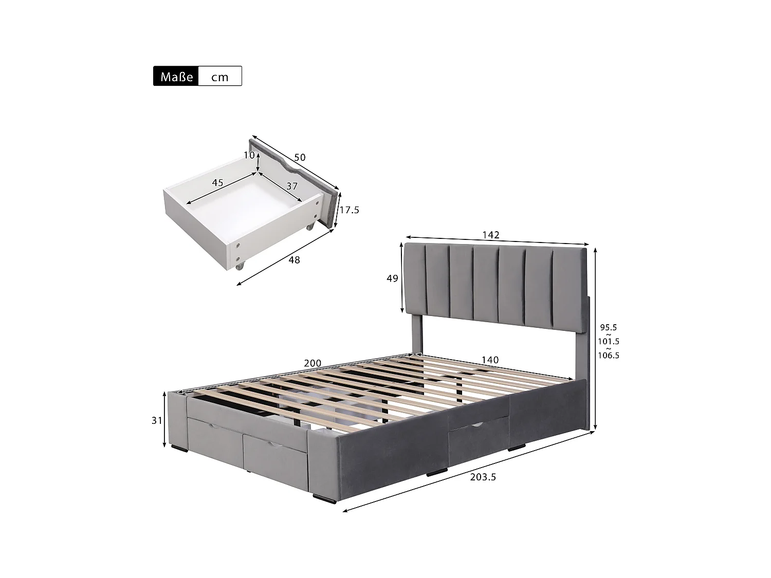 Lit élégant 140x200 en velours gris - Rangement intelligent (4 tiroirs) -sommier à lattes inclus(sans matelas)