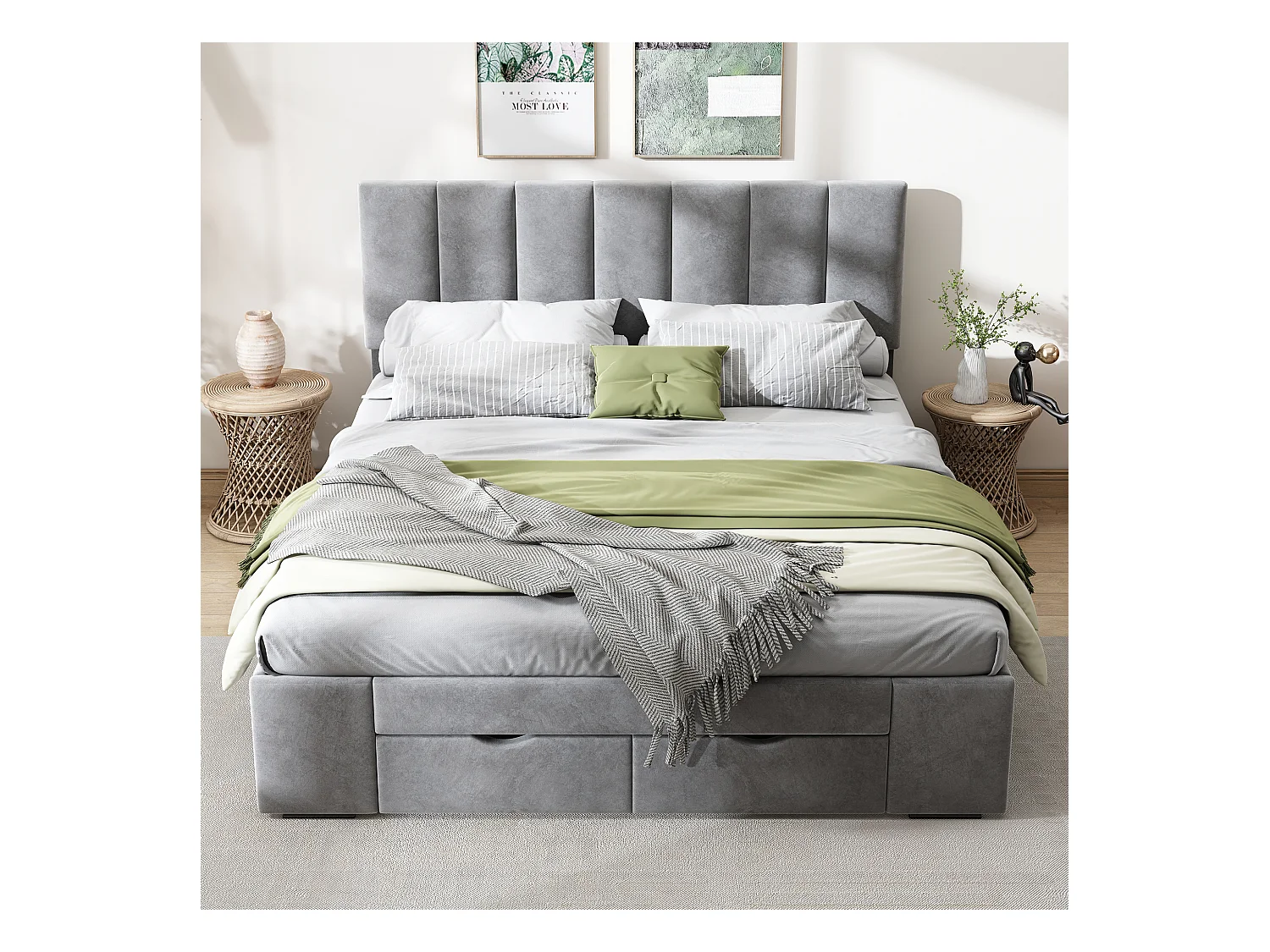 Lit élégant 140x200 en velours gris - Rangement intelligent (4 tiroirs) -sommier à lattes inclus(sans matelas)