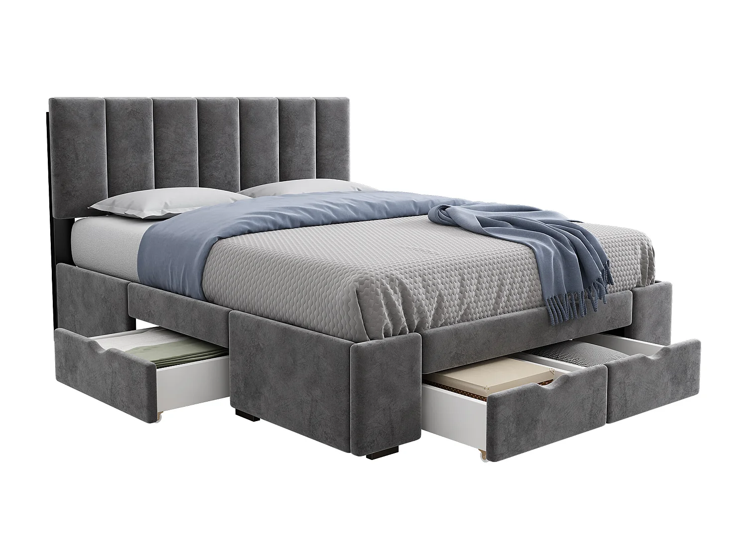 Lit élégant 140x200 en velours gris - Rangement intelligent (4 tiroirs) -sommier à lattes inclus(sans matelas)