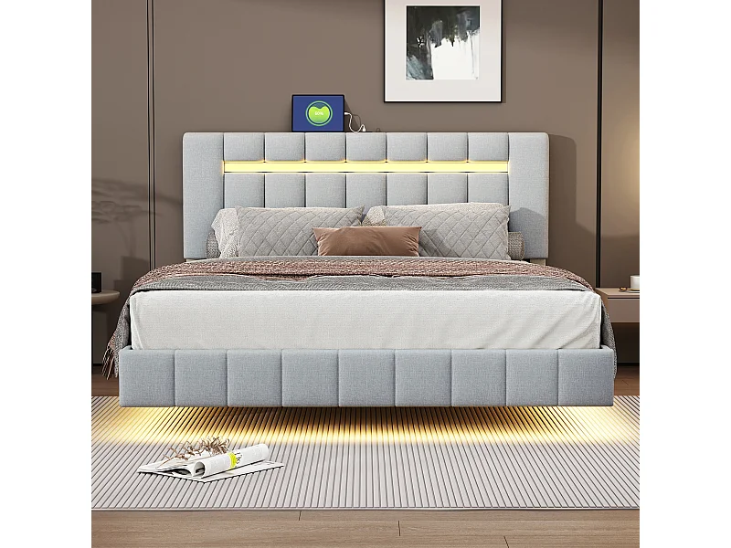 Tweepersoonsbed 160x200 cm met zwevend frame, LED-verlichting en design hoofdbord, in grijs linnen (zonder matras)
