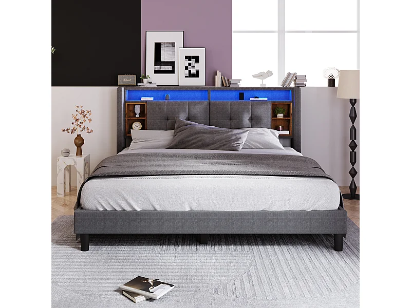Lit adulte gris 140x200 cm avec tête de lit de rangement, chargement USB et éclairage LED, cadre en bois(sans matelas)