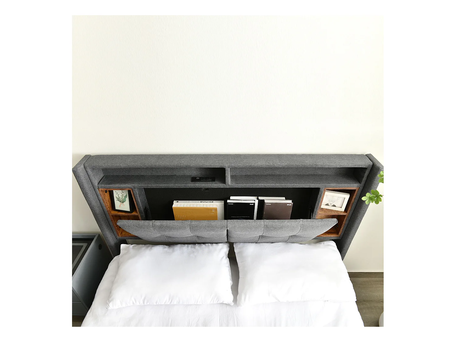 Lit adulte gris 140x200 cm avec tête de lit de rangement, chargement USB et éclairage LED, cadre en bois(sans matelas)