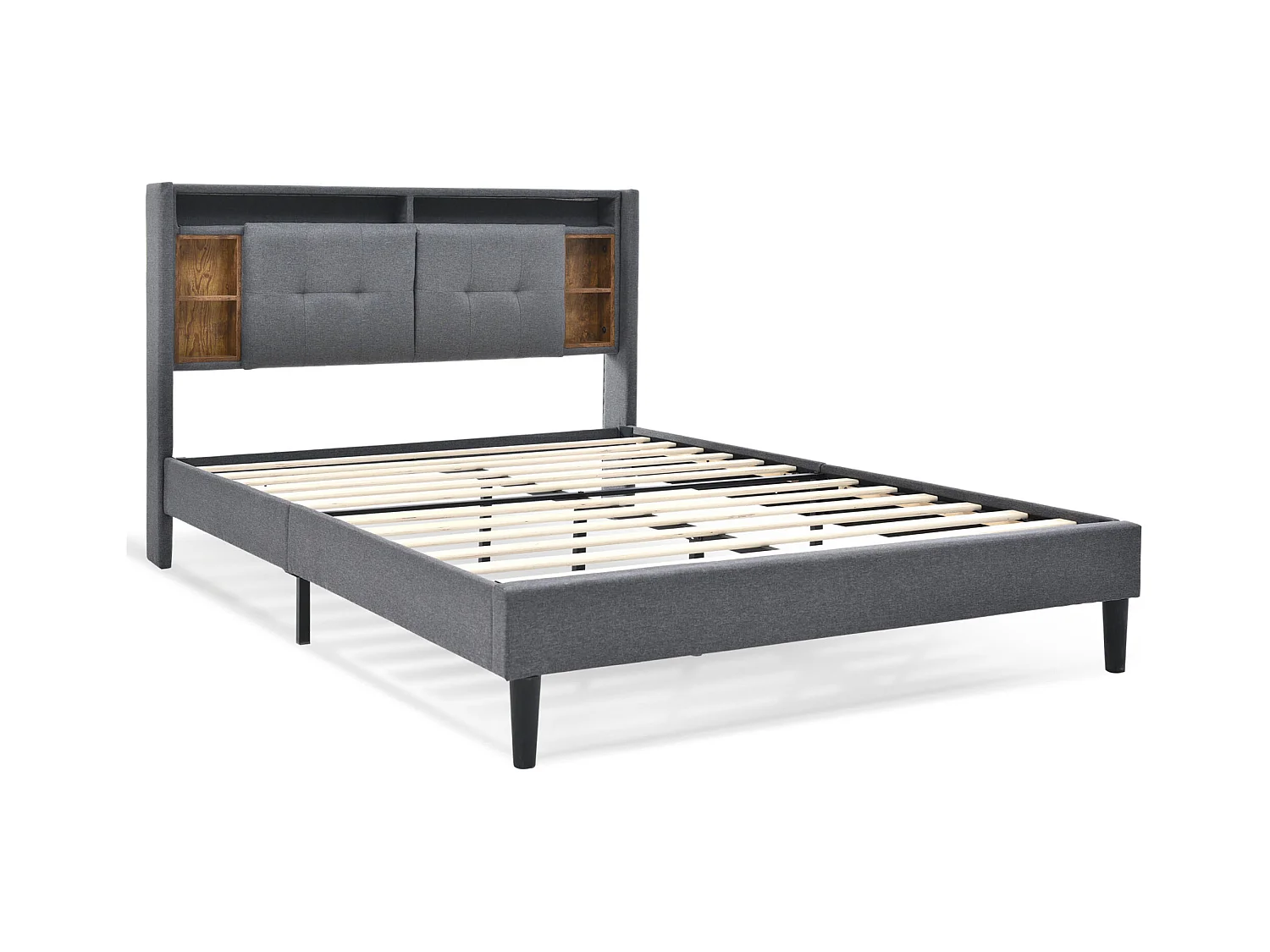 Lit adulte gris 140x200 cm avec tête de lit de rangement, chargement USB et éclairage LED, cadre en bois(sans matelas)