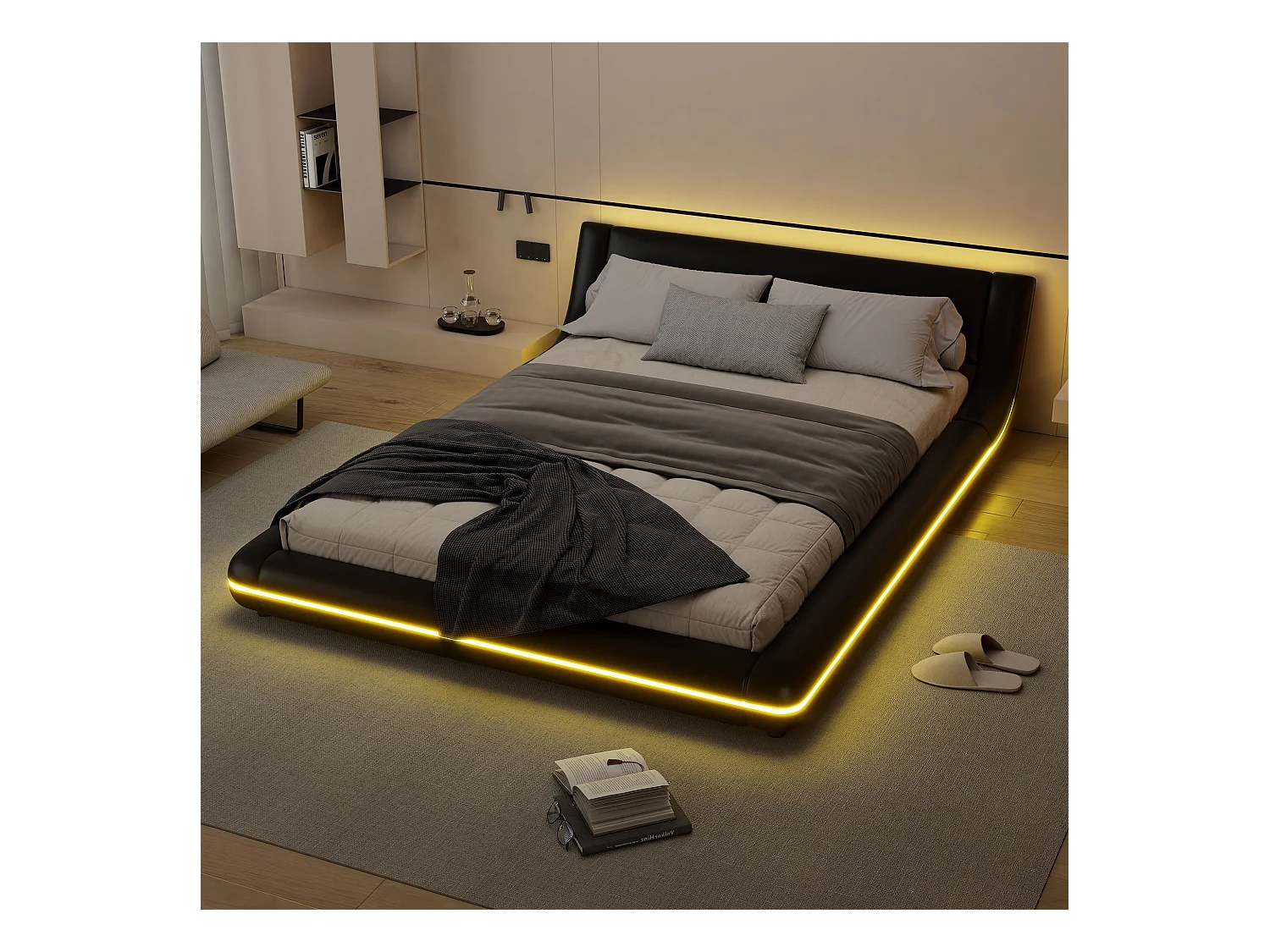 Lit adulte 140x200 cm, Lit au Sol avec Lumière LED Ambiante, Revêtement PU, Noir(sans matelas)