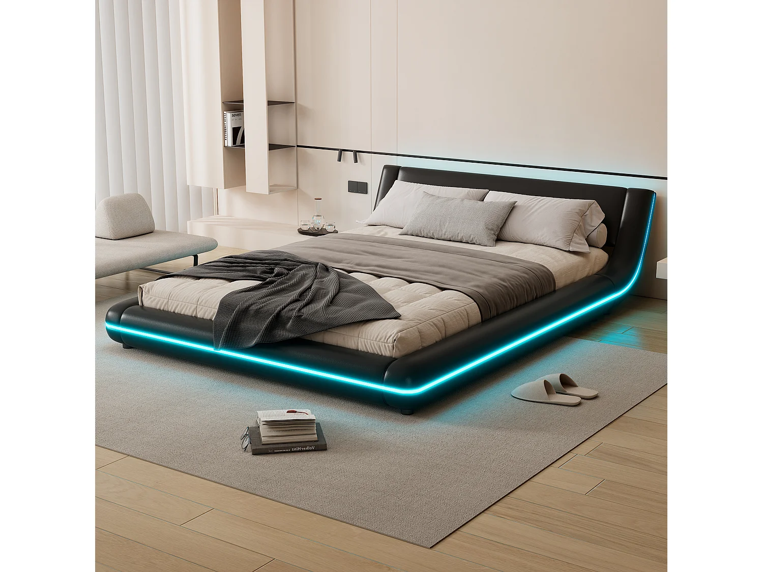 Lit adulte 140x200 cm, Lit au Sol avec Lumière LED Ambiante, Revêtement PU, Noir(sans matelas)