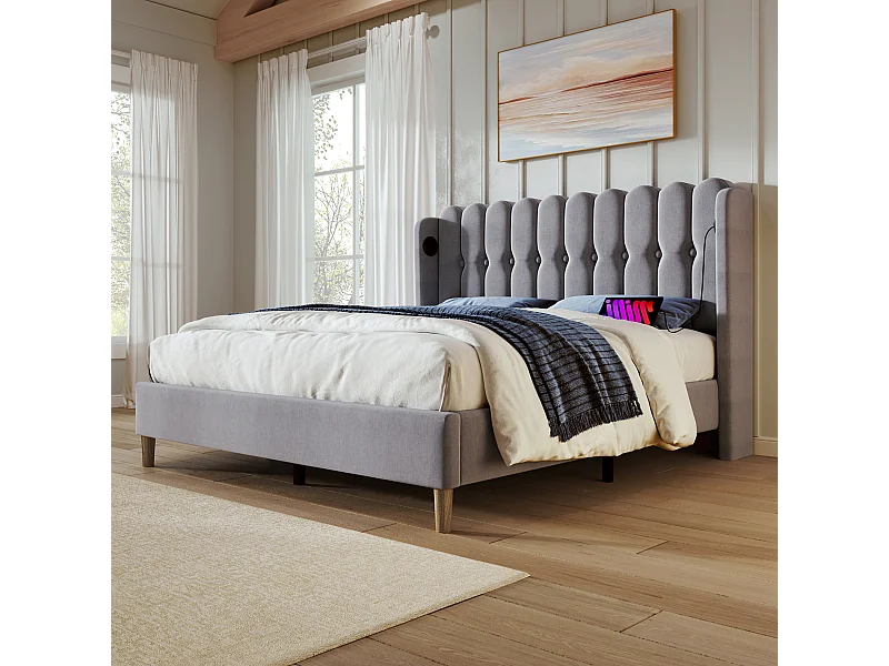 Letto matrimoniale 160x200 cm in lino grigio con ricarica USB Type-C, rete inclusa, struttura in velluto grigio (senza materasso)