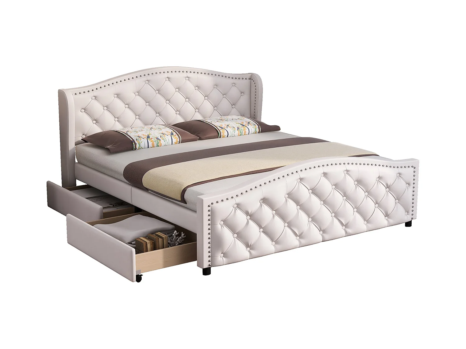 Tweepersoonsbed 140x200 cm met 2 lades en hoofdbord met decoratieve nagels, hout en wit kunstleer (zonder matras)