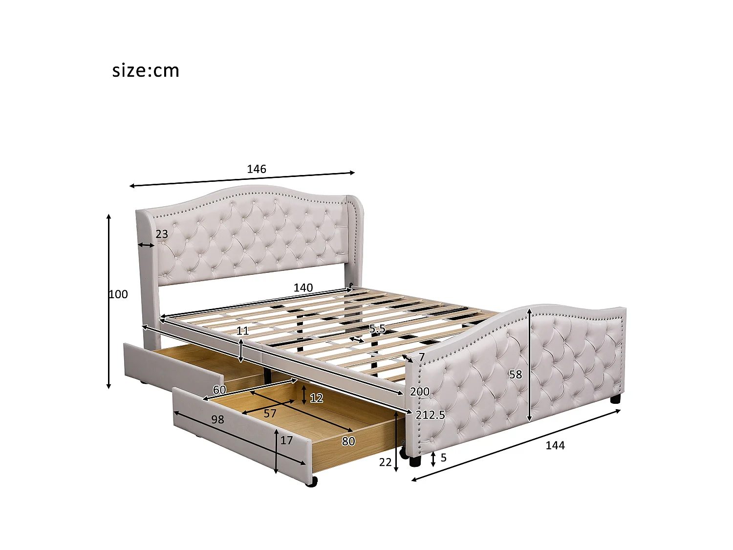 Tweepersoonsbed 140x200 cm met 2 lades en hoofdbord met decoratieve nagels, hout en wit kunstleer (zonder matras)