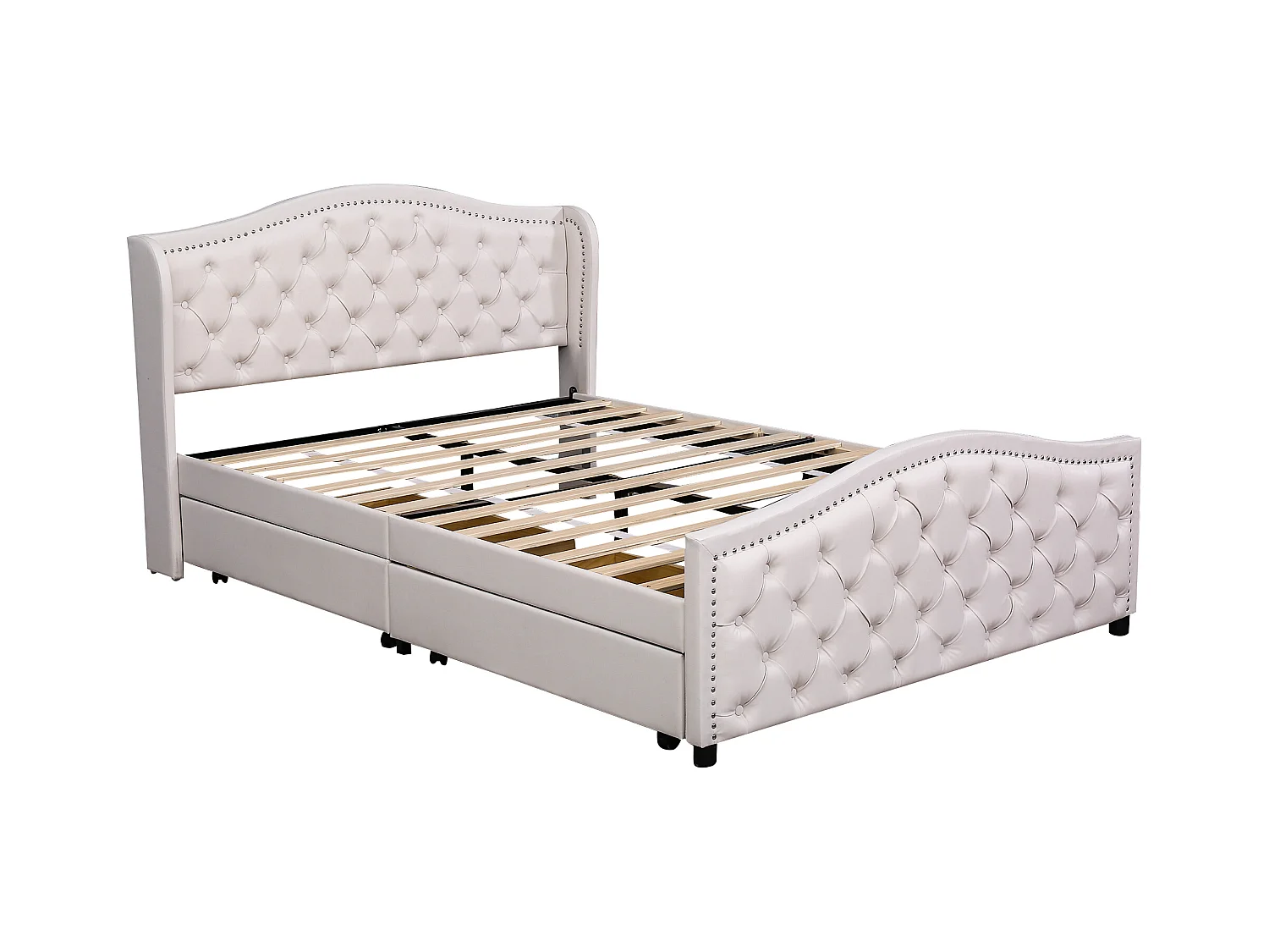 Tweepersoonsbed 140x200 cm met 2 lades en hoofdbord met decoratieve nagels, hout en wit kunstleer (zonder matras)