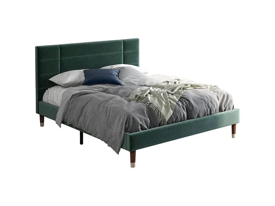Lit double 140x200 cm en velours vert foncé, cadre avec tête de lit et sommier inclus (sans matelas)