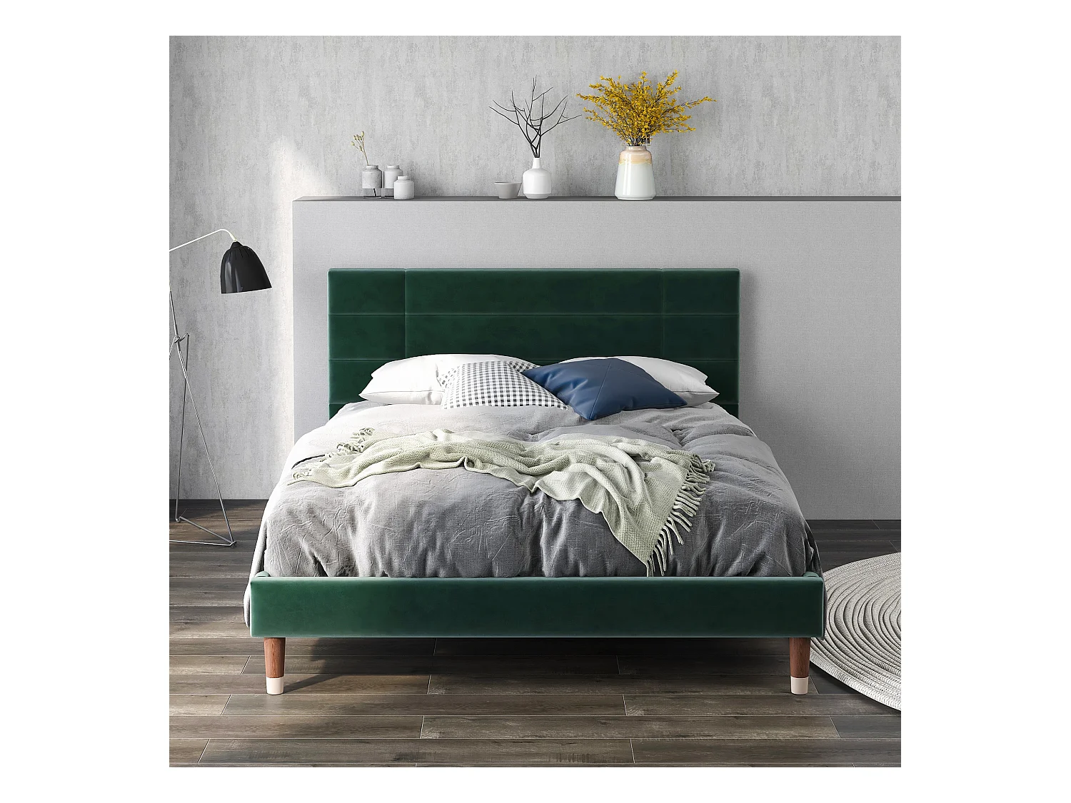 Lit double 140x200 cm en velours vert foncé, cadre avec tête de lit et sommier inclus (sans matelas)