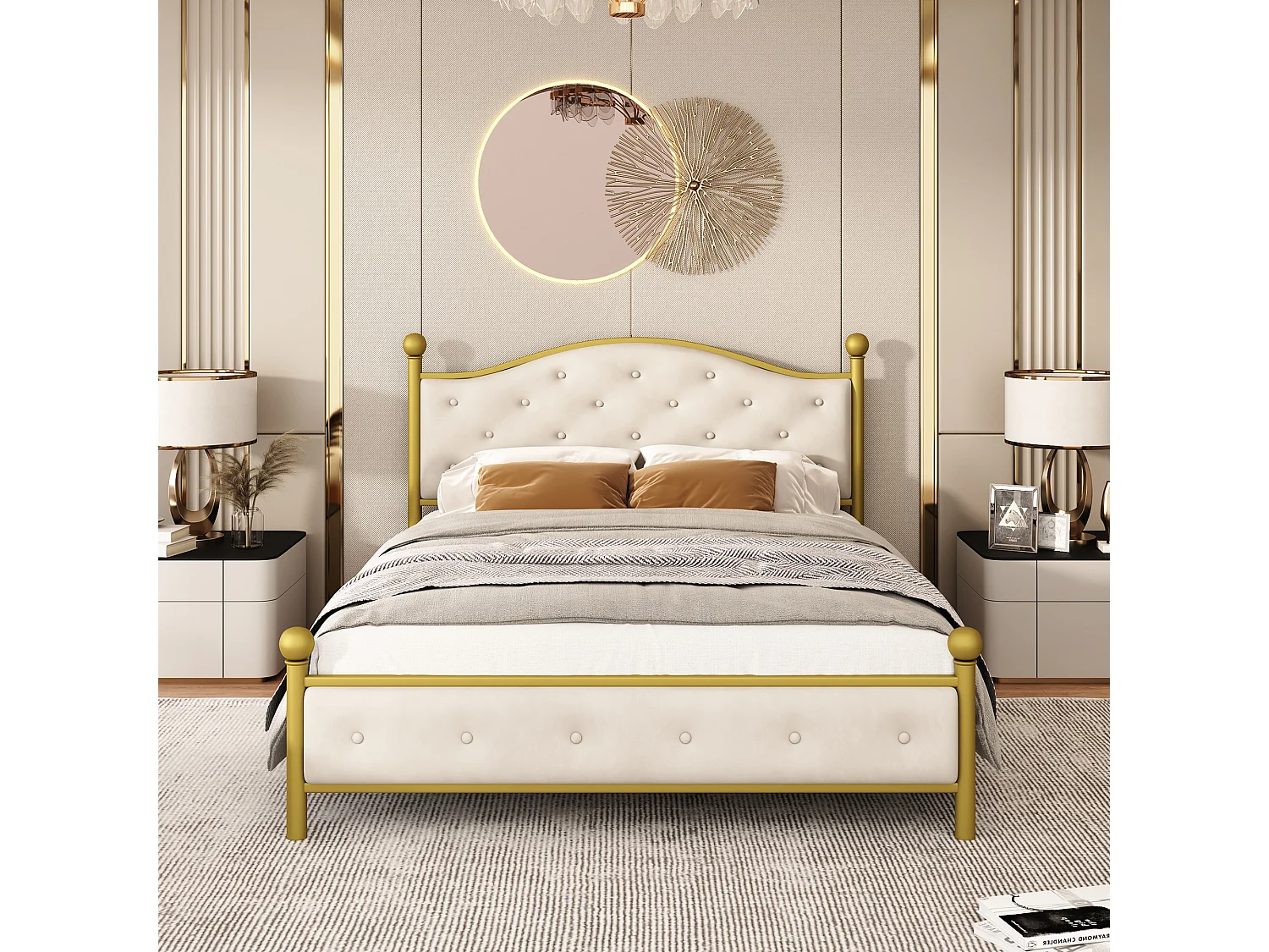 Lit métallique moderne 140x200 cm, cadre avec sommier à lattes, tête de lit, coloris doré(sans matelas)