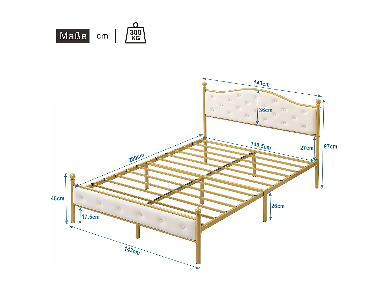 Lit métallique moderne 140x200 cm, cadre avec sommier à lattes, tête de lit, coloris doré(sans matelas)