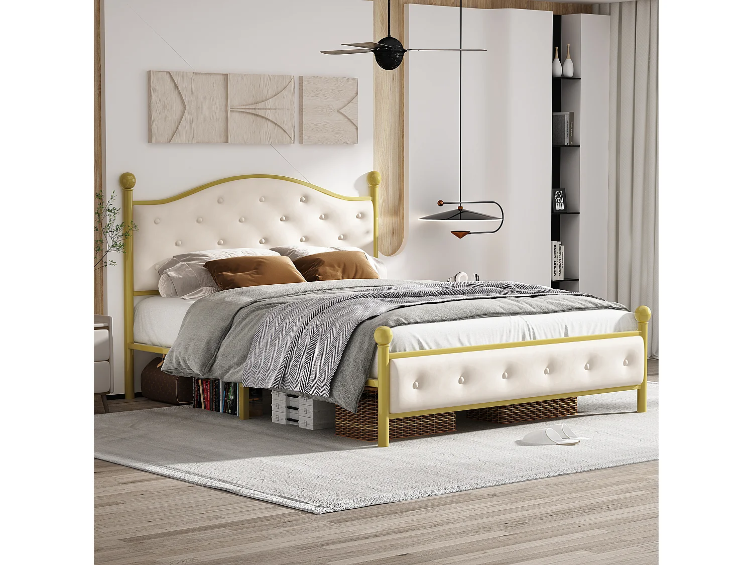 Lit métallique moderne 140x200 cm, cadre avec sommier à lattes, tête de lit, coloris doré(sans matelas)