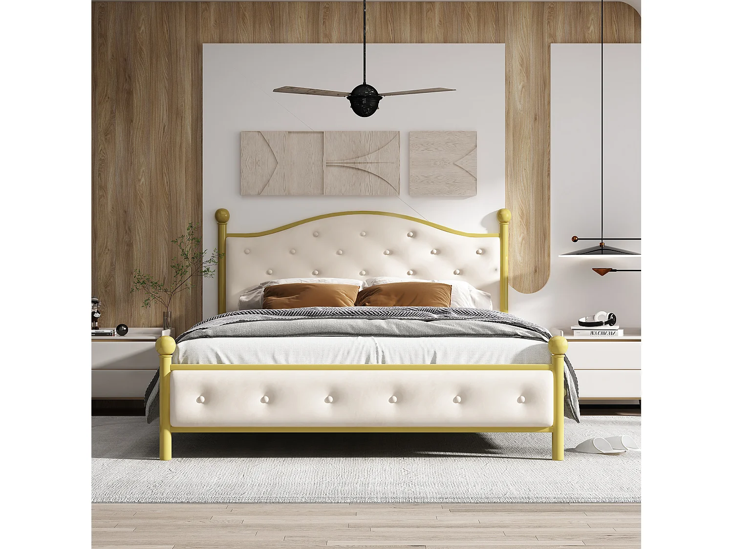 Lit métallique moderne 140x200 cm, cadre avec sommier à lattes, tête de lit, coloris doré(sans matelas)