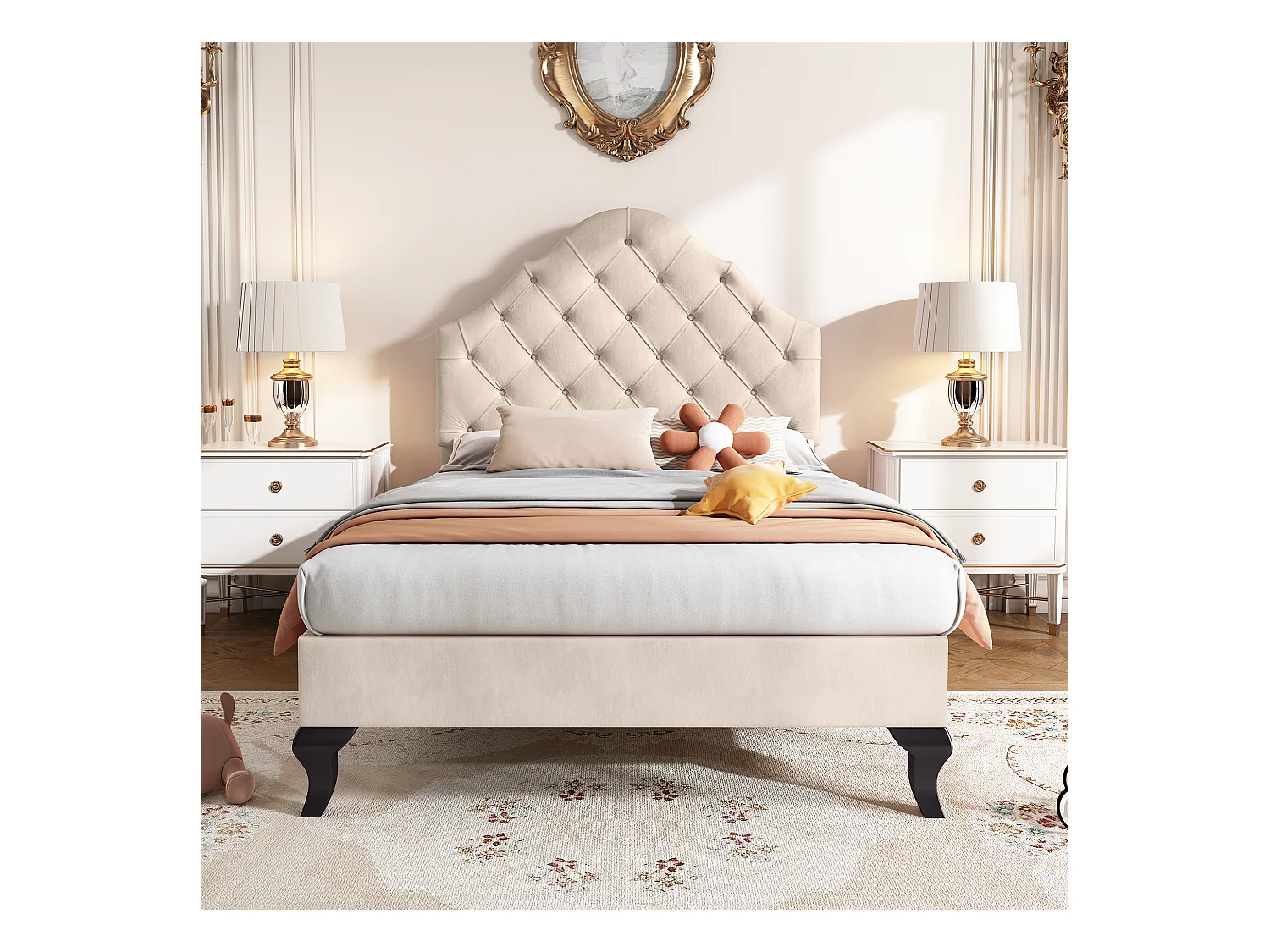 Lit enfant 90x200 cm velours beige - Tête de lit réglable en hauteur - Montage facile (sans matelas)