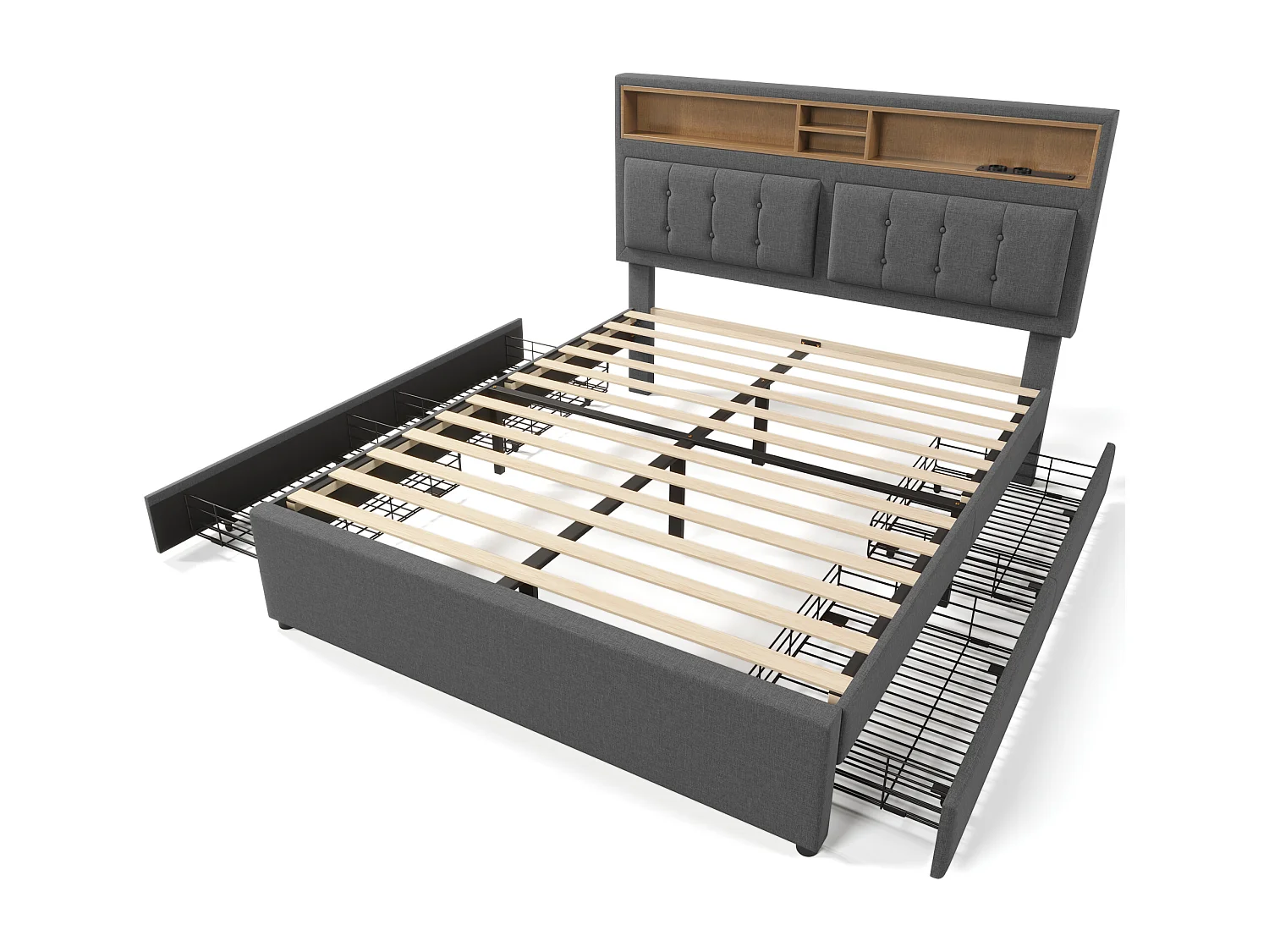 Lit adulte 140x200 cm avec rangement et USB-C - Tête de lit réglable (sans matelas)