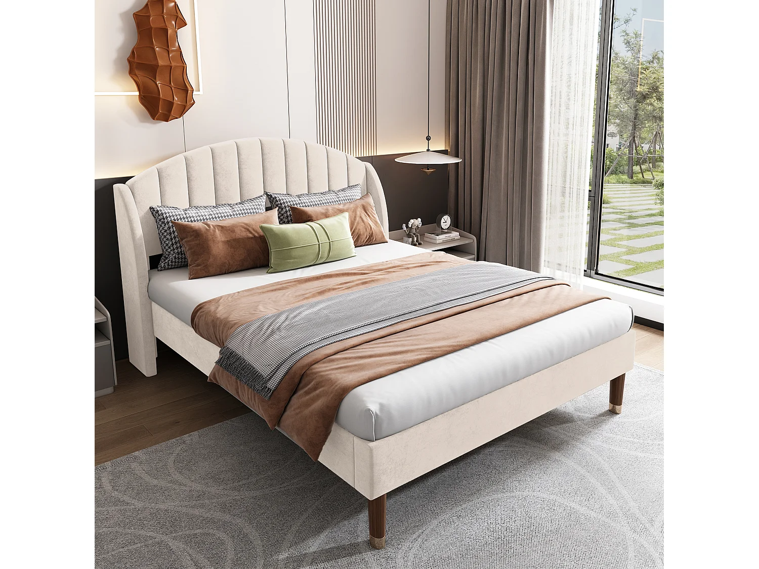 Lit adulte 140x200 cm avec sommier et tête de lit, en velours beige (sans matelas)