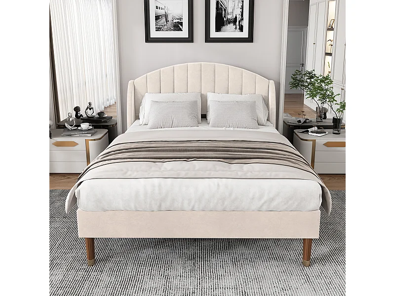 Tweepersoonsbed 140x200 cm met lattenbodem en hoofdbord, in beige fluweel (zonder matras)