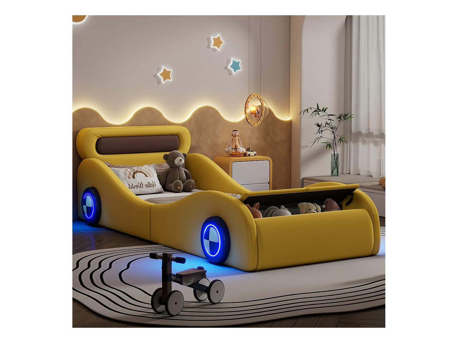 Lit enfant 90x200 cm en forme de voiture, avec roues lumineuses et rangement, en PU jaune (sans matelas)