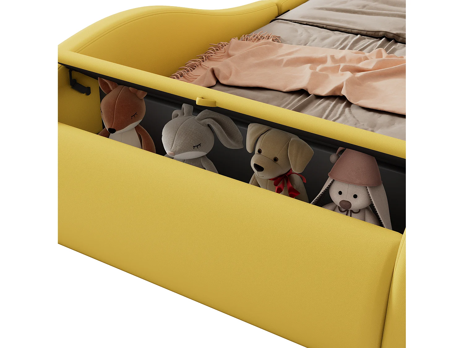 Lit enfant 90x200 cm en forme de voiture, avec roues lumineuses et rangement, en PU jaune (sans matelas)