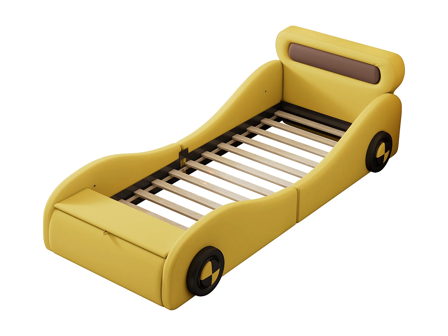 Lit enfant 90x200 cm en forme de voiture, avec roues lumineuses et rangement, en PU jaune (sans matelas)
