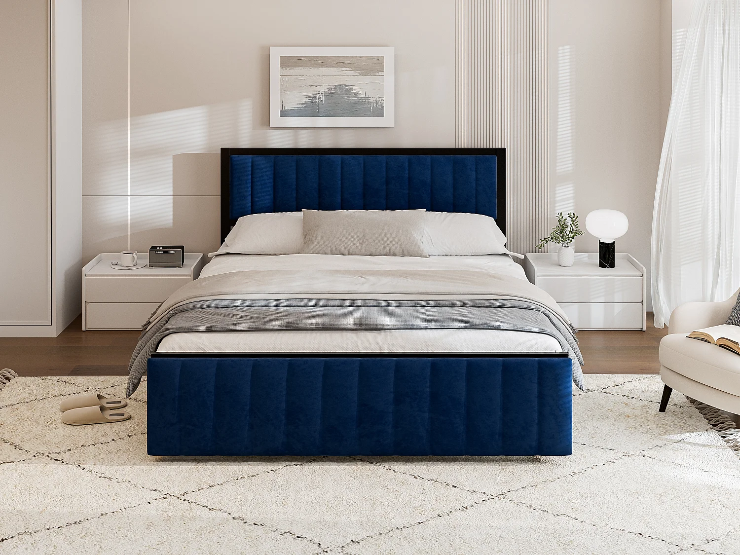 Lit adulte multifonction 160x200 cm - Banc escamotable & rangement intégré - Velours bleu (sans matelas)
