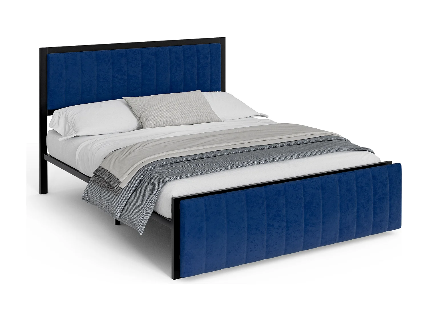 Lit adulte multifonction 160x200 cm - Banc escamotable & rangement intégré - Velours bleu (sans matelas)