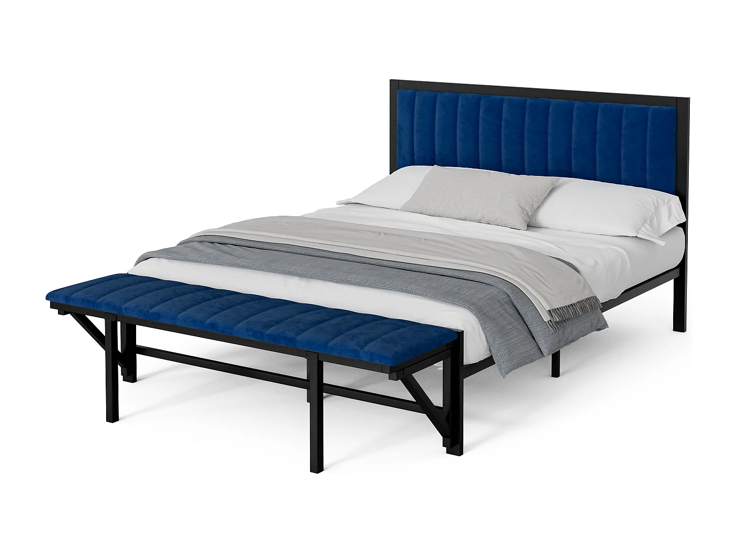 Lit adulte multifonction 160x200 cm - Banc escamotable & rangement intégré - Velours bleu (sans matelas)