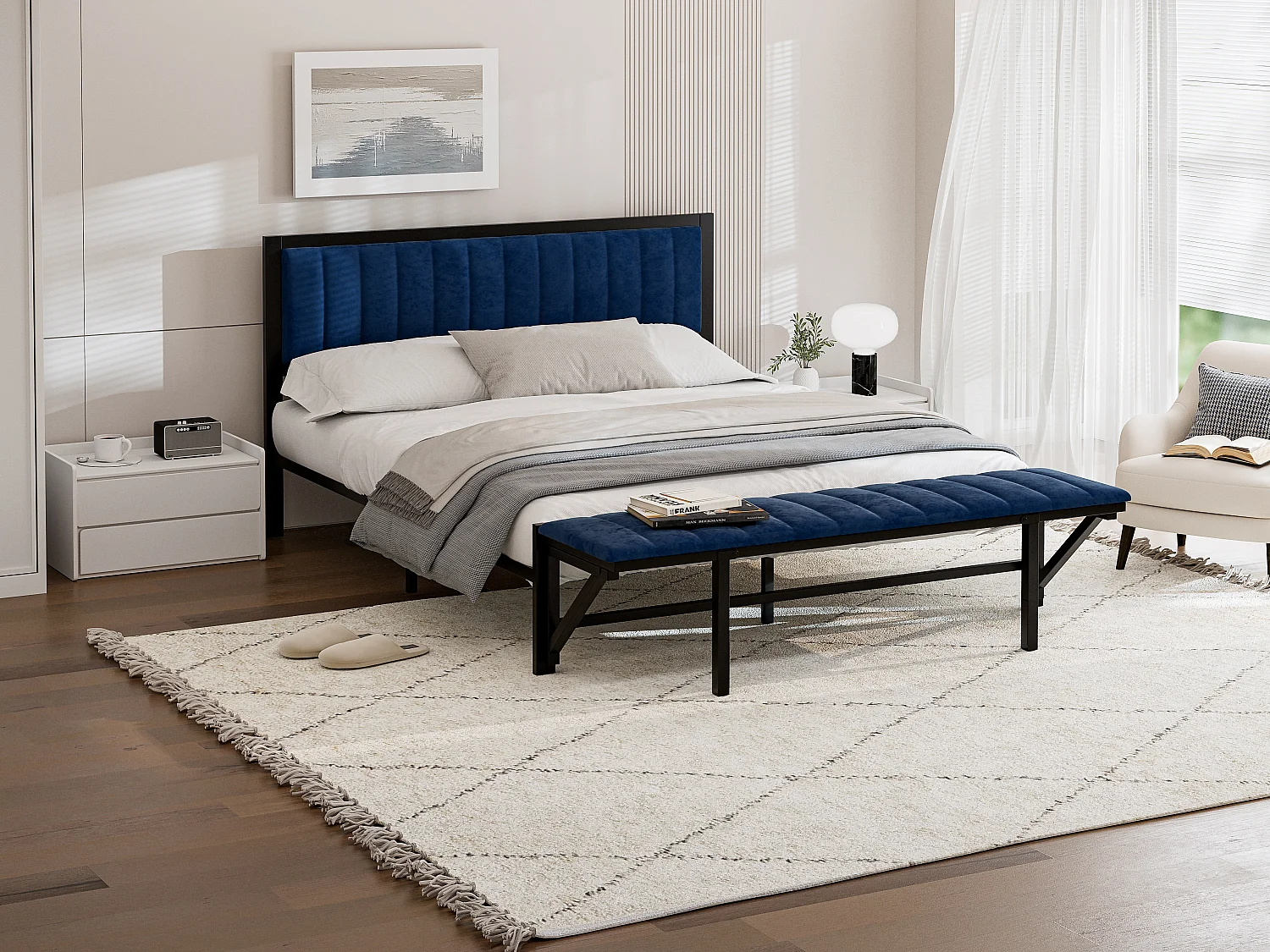 Lit adulte multifonction 160x200 cm - Banc escamotable & rangement intégré - Velours bleu (sans matelas)