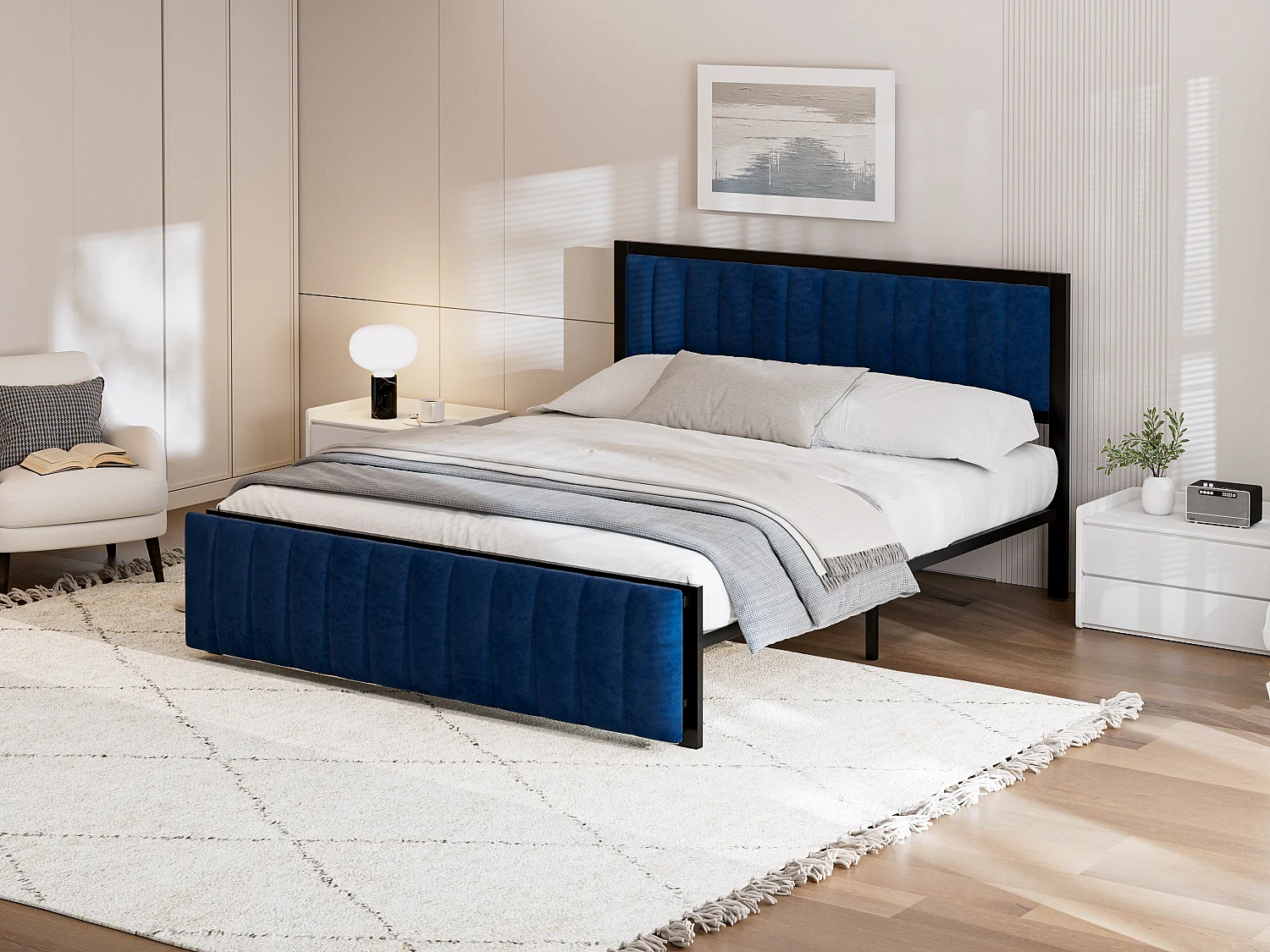 Lit adulte multifonction 160x200 cm - Banc escamotable & rangement intégré - Velours bleu (sans matelas)
