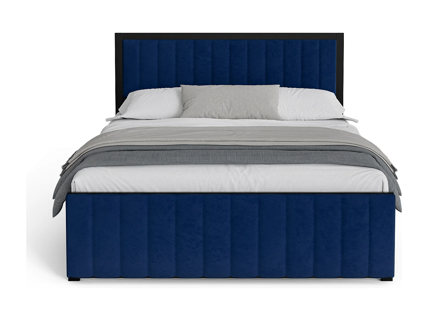Lit adulte multifonction 160x200 cm - Banc escamotable & rangement intégré - Velours bleu (sans matelas)